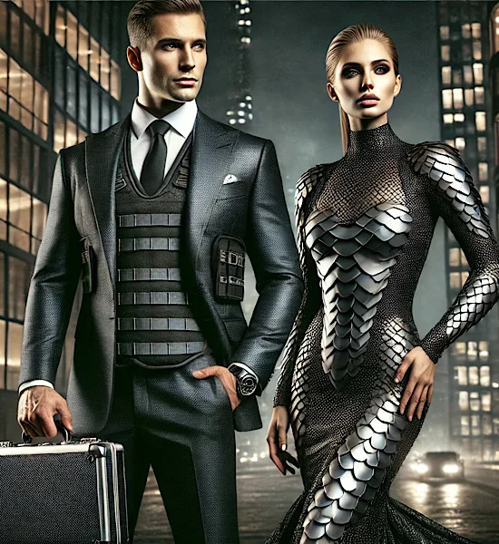 high-impact image featuring a powerful HNWI couple, with the man holding a Quantum Case and wearing a DragonHeart armored jacket, while the woman stuns in a Dragon Scale armor evening gown